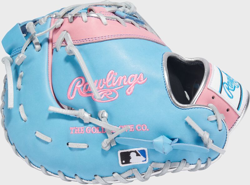 Columbia blue back of a Heart of the Hide R2G 13" 1st base mitt with the MLB logo on the pinky