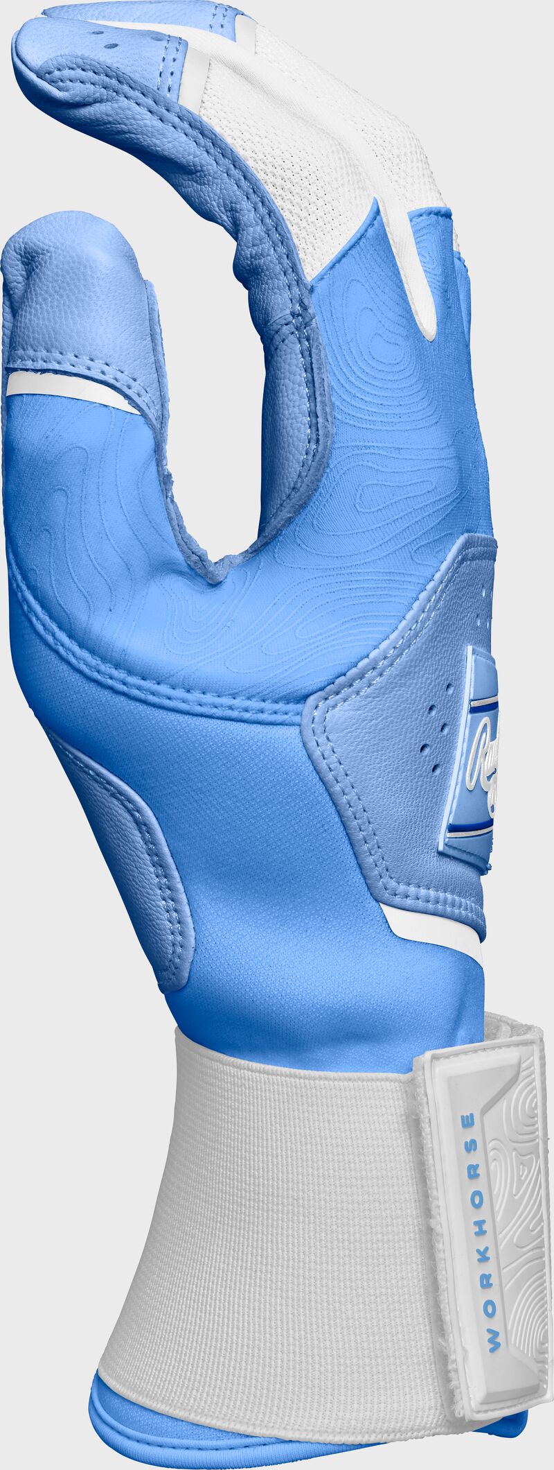 Thumb of a Columbia blue Workhorse compression strap batting glove