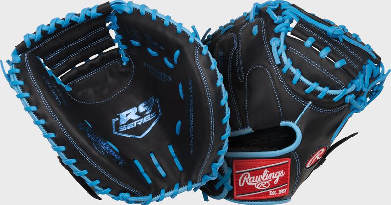 Two images showing the palm & back of a black/Columbia blue R9 Series 32.5-Inch Catcher's Mitt