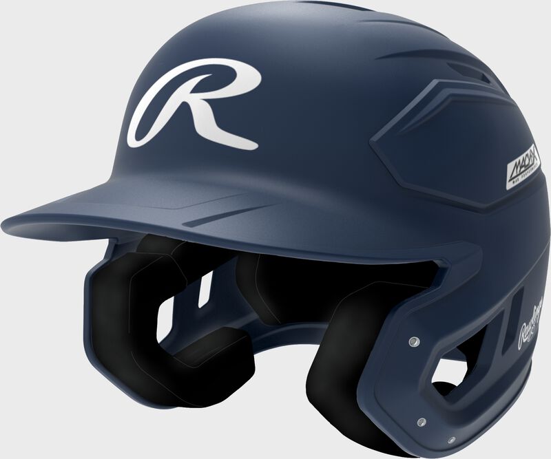 Front left of a navy Rawlings Mach-X Max Performance batting helmet