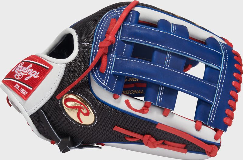 Thumb of a Gameday 57 Series Adolis García Heart of the Hide Glove with a gold Oval R and royal H-web