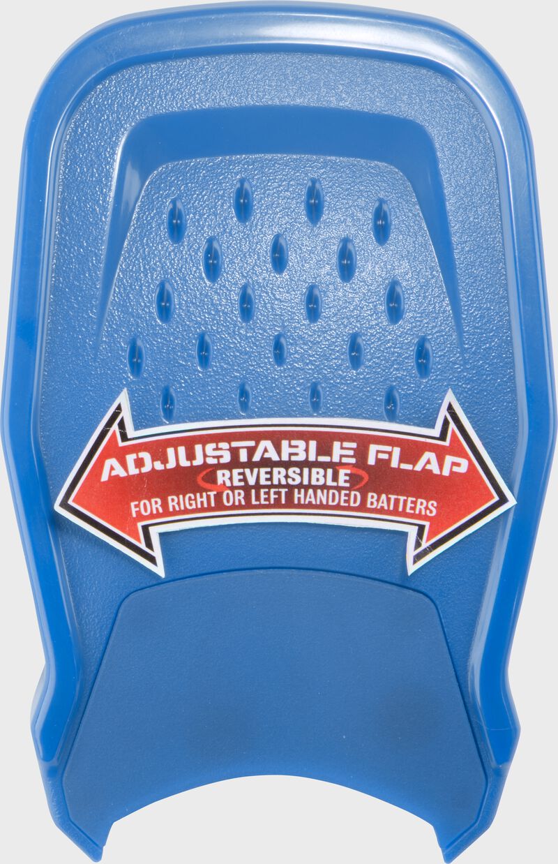 A Columbia blue Rawlings RX2 Reverse adjustable batting helmet extension with a sticker showing the adjustability