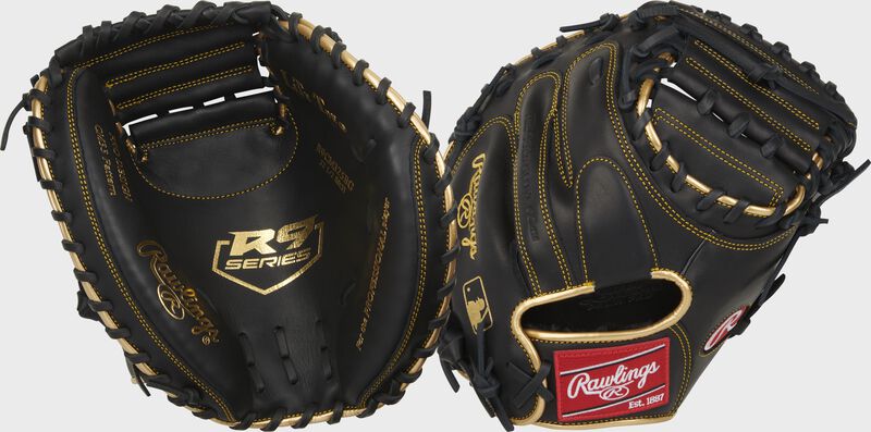 Two images showing the palm & back of a black R9 Series 32.5" catcher's mitt loading=