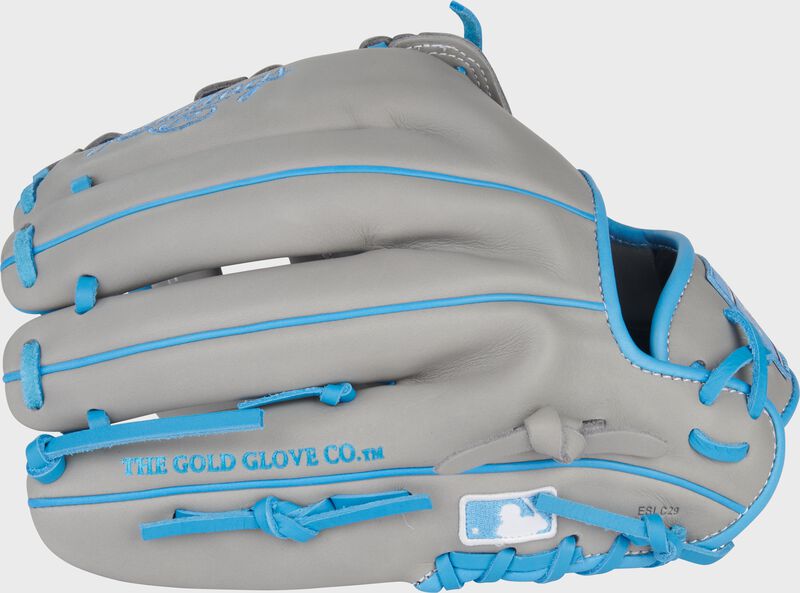Back of a gray Rawlings NXT Series 12.25-Inch Baseball Glove with the MLB logo on the pinky