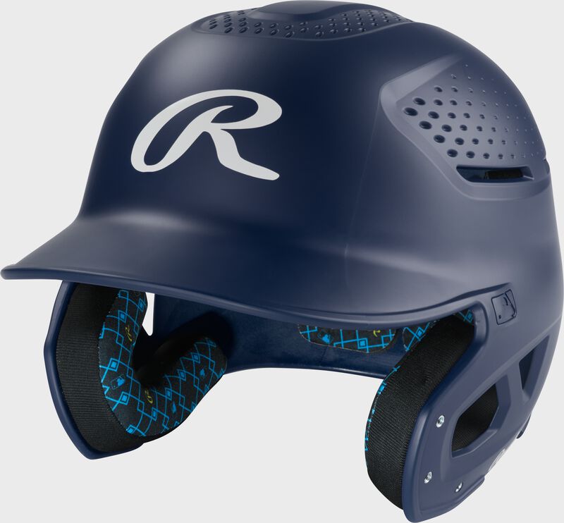 Front left of a navy Rawlings RX2 batting helmet