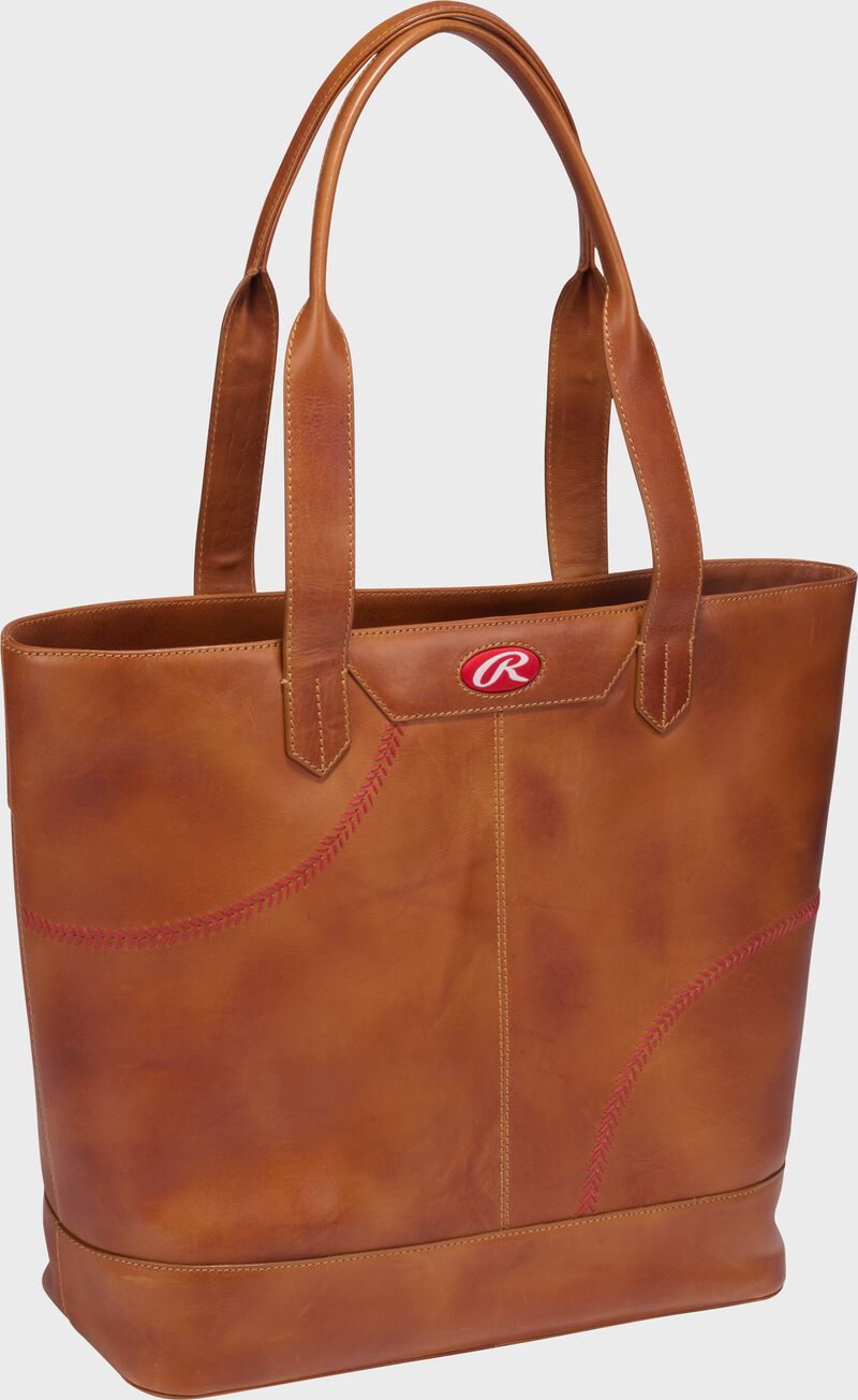 Side angle view of a tan Rawlings Double Play tote bag