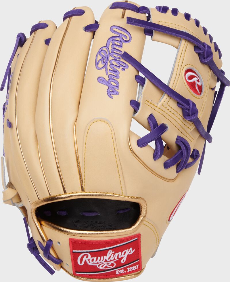 Back of a camel J.P. Crawford Heart of the Hide Infield Glove with a red Rawlings patch