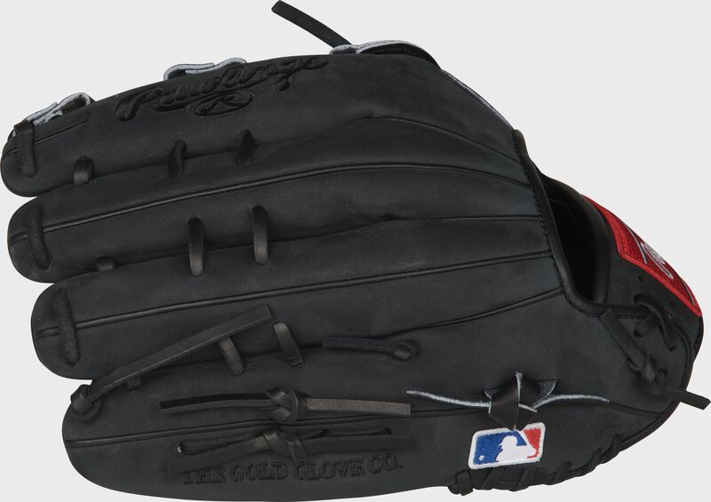 pinky side view of the Cody Bellinger outfield glove with the MLB logo on the pinky - SKU: PRO442-CB35