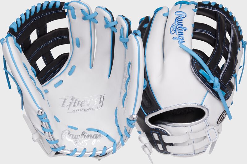 Two images showing the palm & back of a white/black Rawlings Liberty Advanced 12.25" Speed Shell utility fastpitch glove