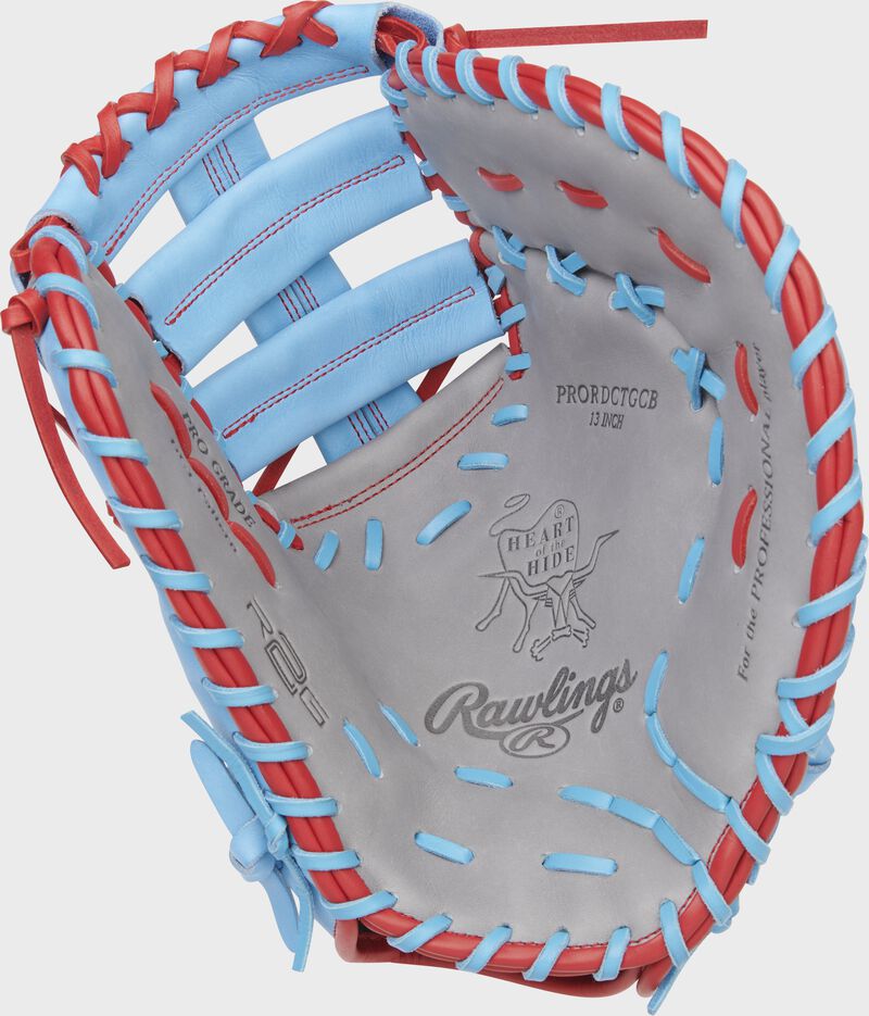 Gray palm of a Rawlings Heart of the Hide R2G first base mitt with scarlet laces - SKU: PRORDCTGCB
