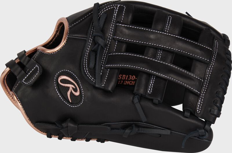 Thumb of a black R9 Series 12" outfield fastpitch glove with a black H-web loading=