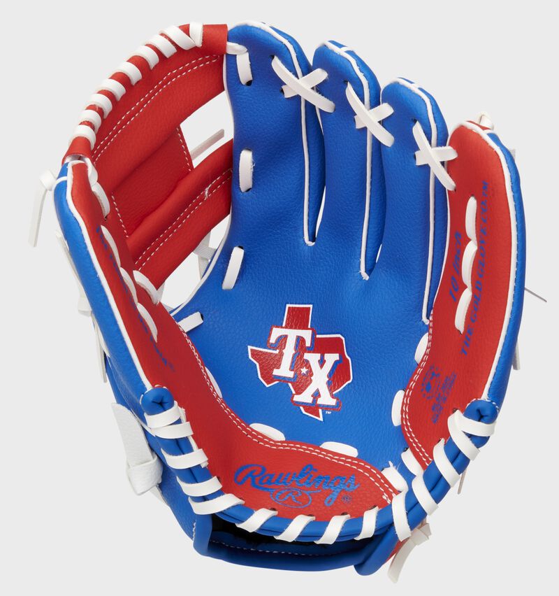A blue/red Rawlings Texas Rangers youth glove with a Rangers logo stamped in the palm - SKU: 22000022111 loading=