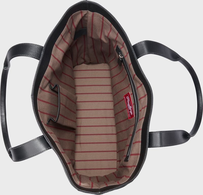 Inside view of a black Rawlings Strike Out Tote bag