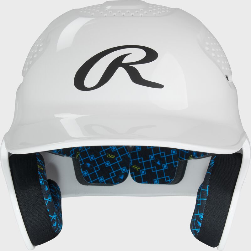 Front of a white Rawlings RX2 gloss baseball batting helmet
