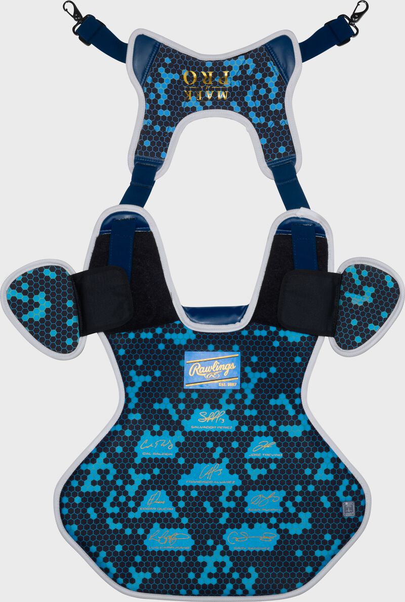 Back of a navy Rawlings Mach Pro Series chest protector with the harness up
