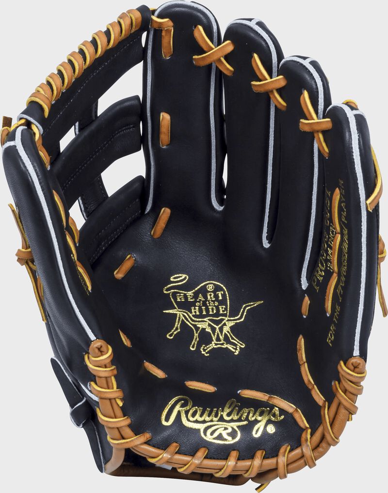 Black palm of a Rawlings HOH outfield glove with a black web, tan laces and gold stamping - SKU: RSGPRO3036JBTPRO