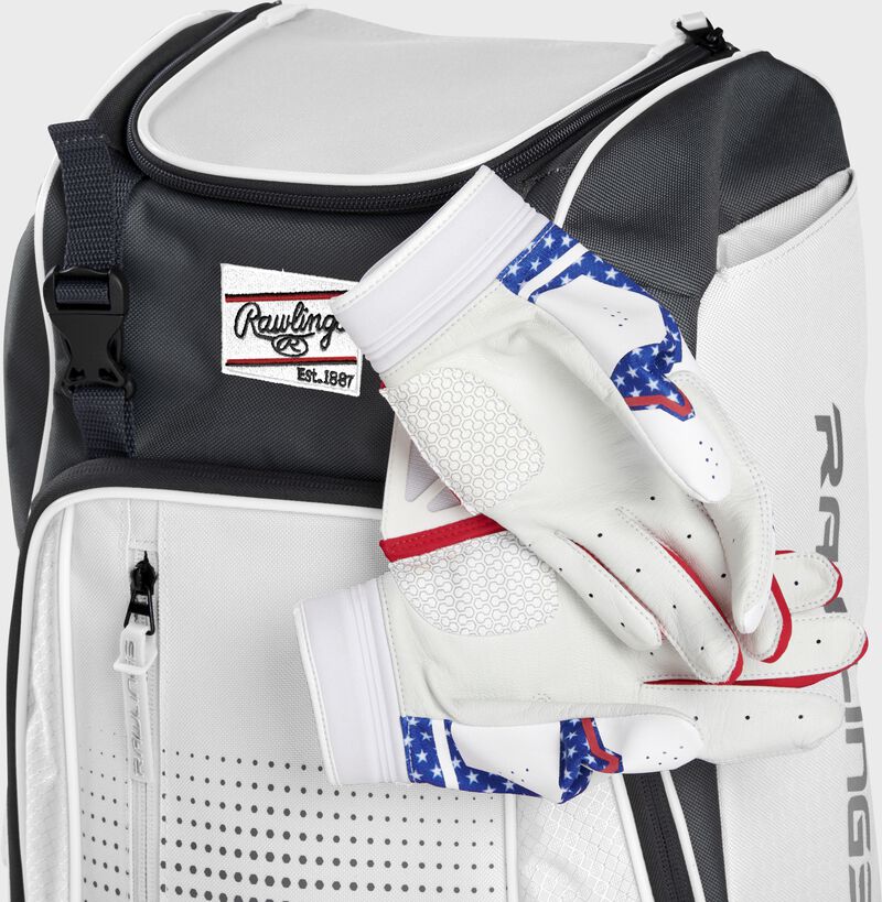 Wallet, keys, and batting gloves in the front valuables pocket of a white Franchise baseball bag - SKU: FRANBP-W