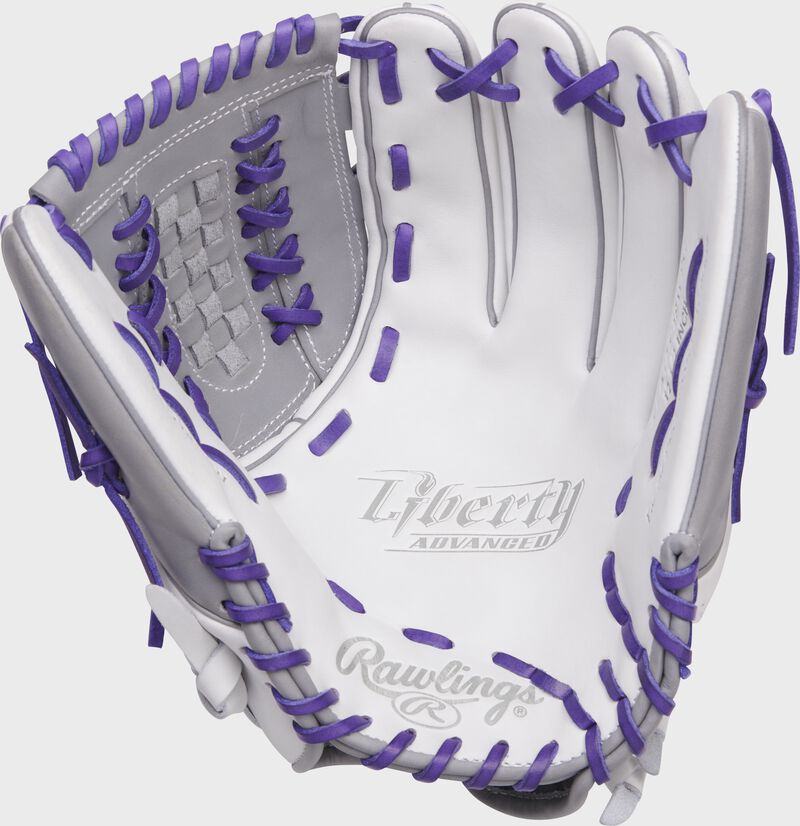 White palm of a Rawlings Liberty Advanced fastpitch glove with purple laces - SKU: RLA125-18WPG loading=