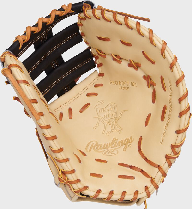 Palm of a camel Rawlings Heart of the Hide first base mitt with tan laces