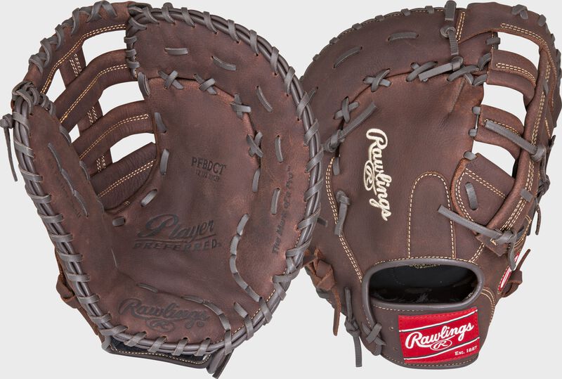 Two images showing the palm & back of a brown Player Preferred 12.5" first base mitt