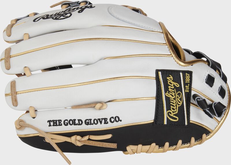 White back of a 12" Heart of the Hide fastpitch softball glove with a black Rawlings patch - SKU: PRO120SB-32W loading=