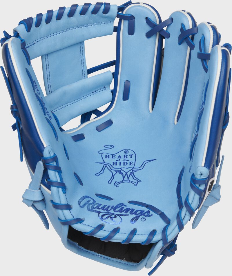 Columbia blue palm of a Rawlings Kansas City Royals HOH glove with royal stamping and royal laces - SKU: RSGPRO204W-2KC loading=