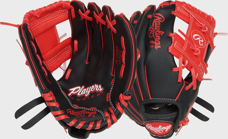 Two images showing the palm & back of a black/scarlet Players Series 10" youth glove loading=