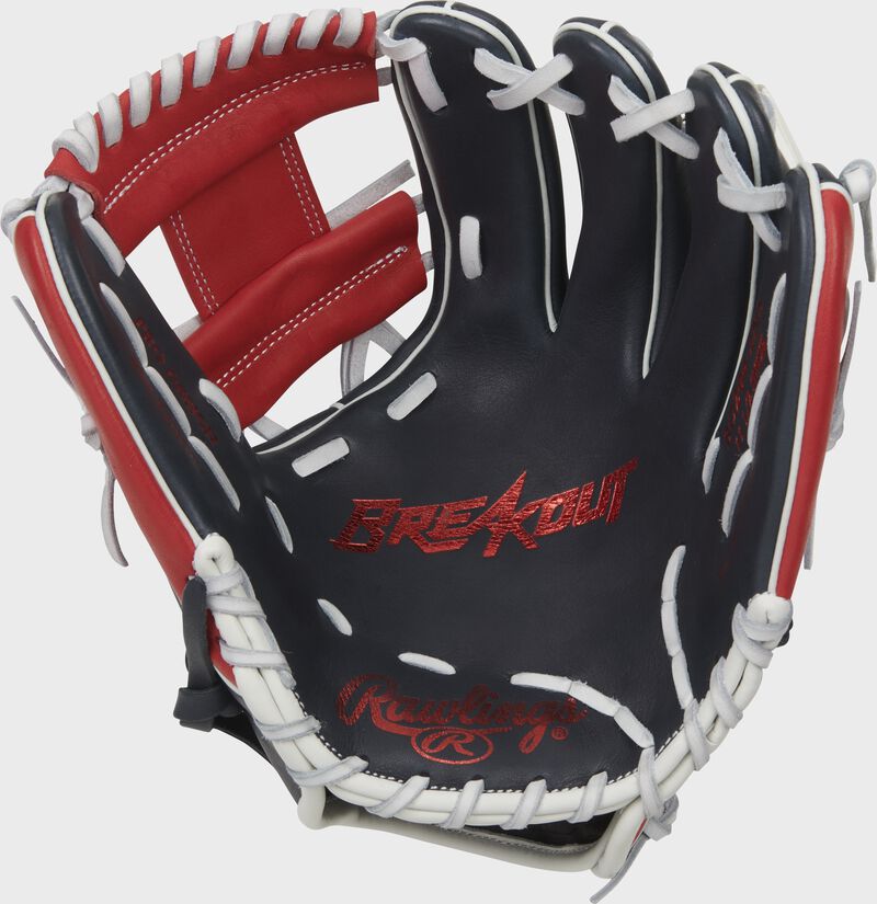 Shell palm view of black, red, and white 2022 Breakout 11.5-inch infield glove loading=