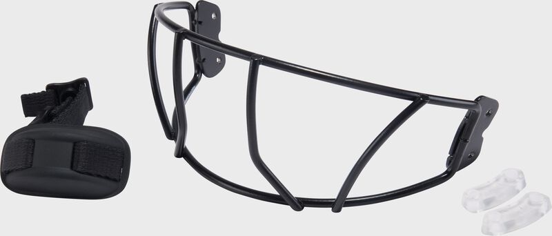 A black Rawlings RX2 fastpitch batting helmet facemask with chin strap and spacers