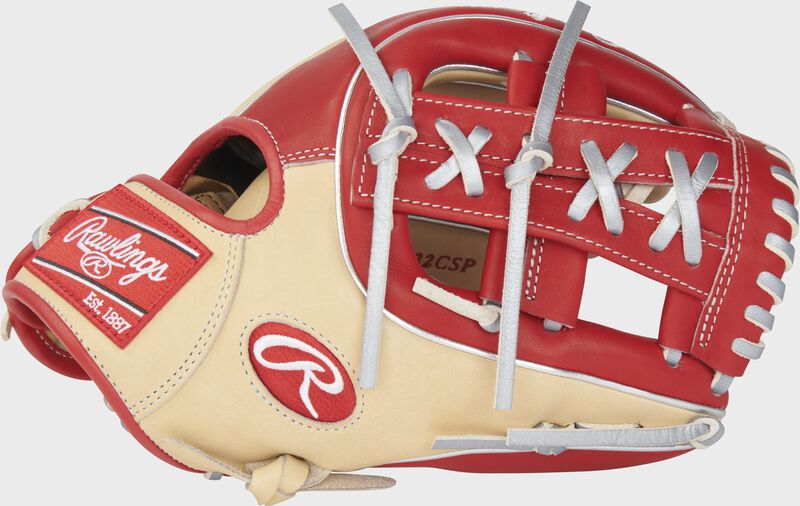 Thumb of a camel/scarlet Heart of the Hide R2G 11.5" infield glove with a split laced single post web - SKU: RSGRPROR314-32CSP