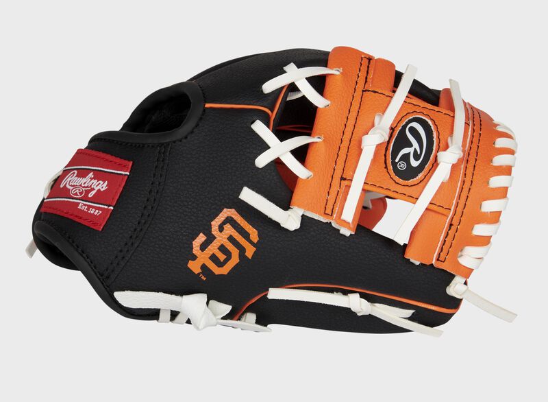 Thumb of a black/orange San Francisco Giants 10-inch team logo glove with an orange I-web and SF logo on the thumb - SKU: 22000013111