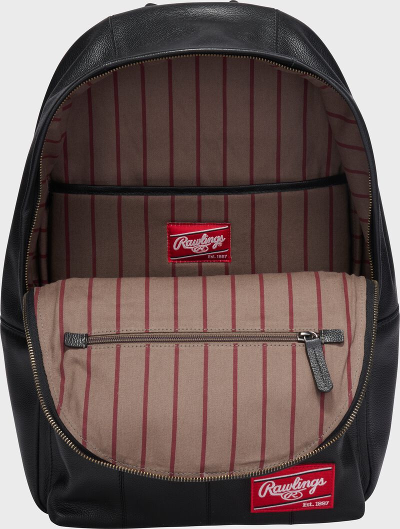 Inside view of a black Rawlings Strike Out backpack loading=