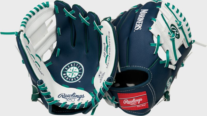 Two images showing the palm & back of a navy Seattle Mariners team logo youth glove loading=