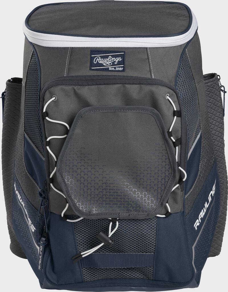 Front of a navy Impulse baseball backpack with a gray front pocket - SKU: IMPLSE-N