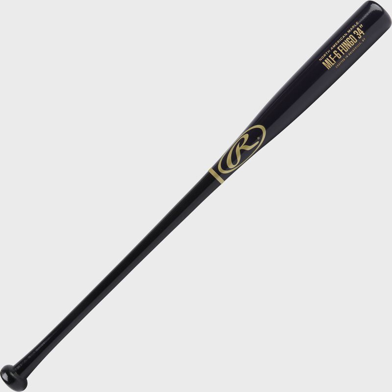 Angled view of a 34" Rawlings Maple fungo bat with a black handle and navy barrel - SKU: MLF5-B-N-34 loading=