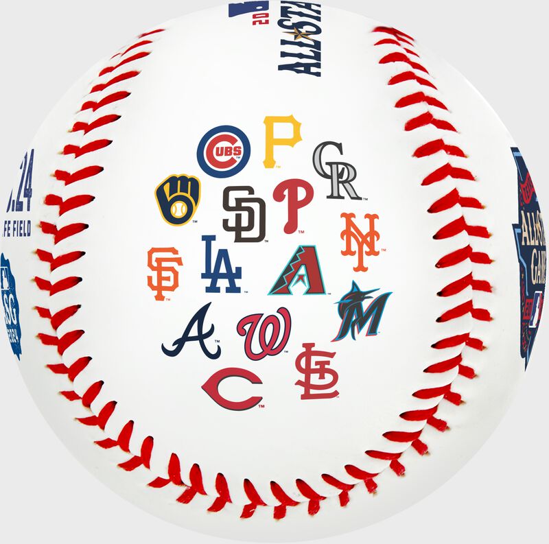 The National League team logos stamped on a white All-Star Game replica baseball