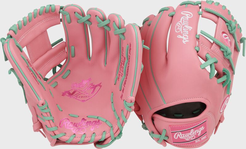 Two images showing the palm & back of a Rawlings NXT Series 11.5-Inch Pink Infield Glove