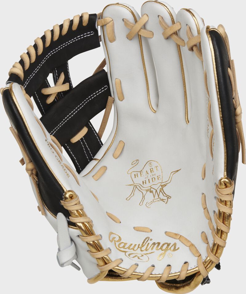 White palm of a Rawlings Heart of the Hide faspitch infield glove with camel laces and gold stamping - SKU: PRO120SB-32W loading=