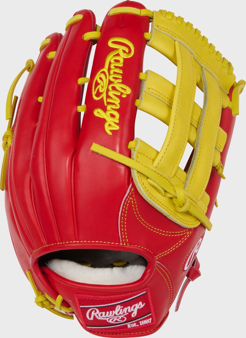 Back of a scarlet/yellow Rawlings Pro Preferred 12.75" outfield glove with a red Rawlings patch