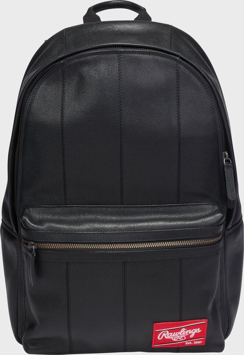 Front of a black Rawlings Strike Out backpack