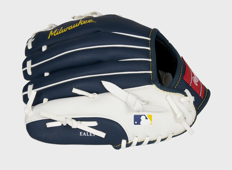 Back of a navy/white Rawlings Milwaukee Brewers youth glove with the MLB logo on the pinky - SKU: 22000006111 loading=