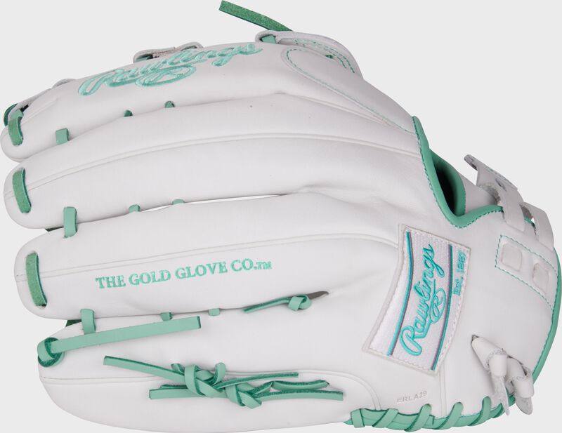 White back of a Liberty Advanced 13" fastpitch glove with a white/mint Rawlings patch