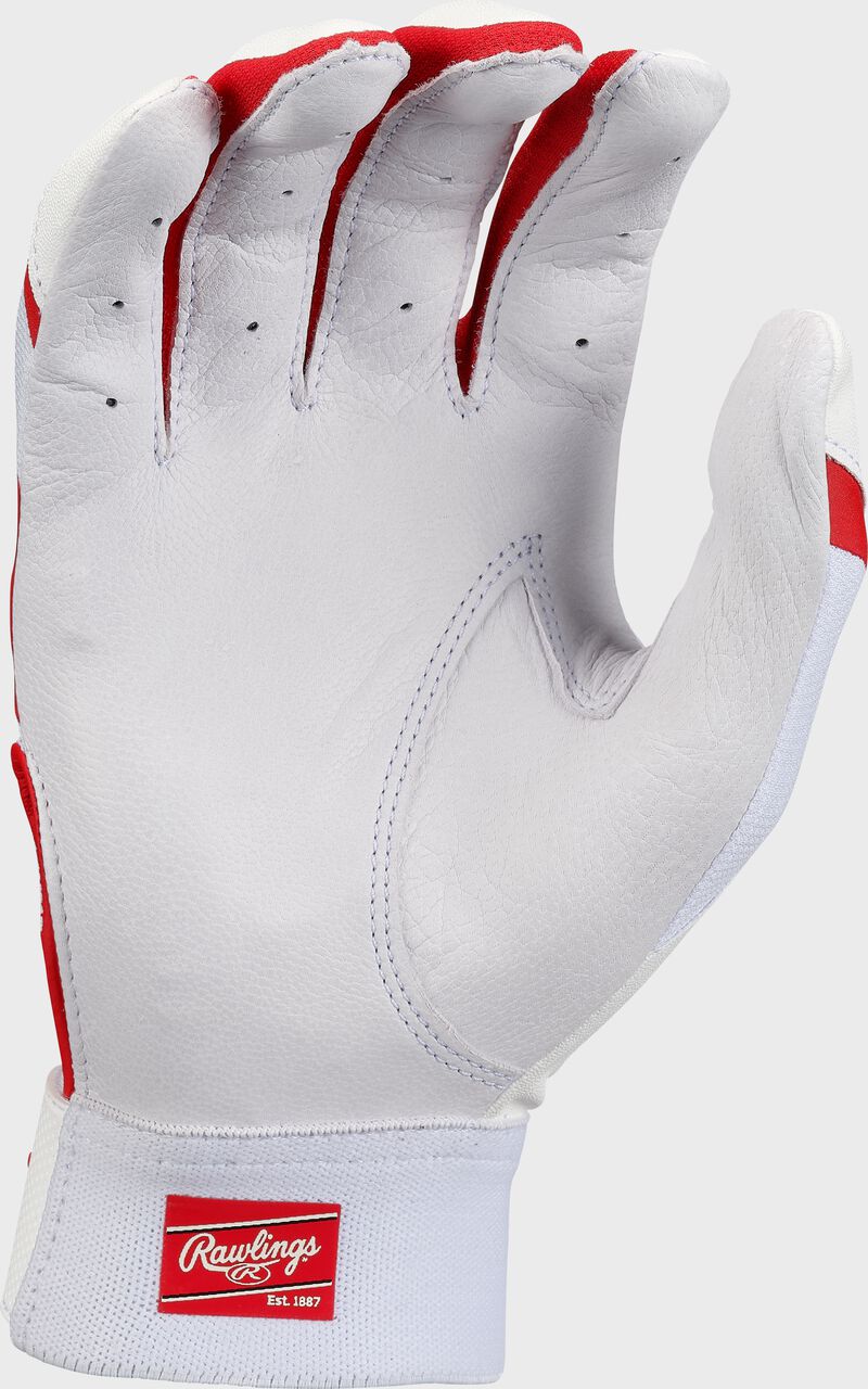 White palm of a white/scarlet Rawlings 5150 II batting glove - SKU: 5150IIBG-WHSC loading=