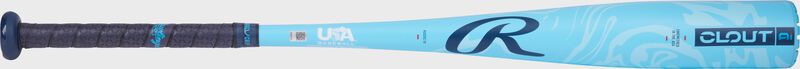 Side image of a blue Rawlings Clout AI USA -10 bat with a navy "R" logo above the handle