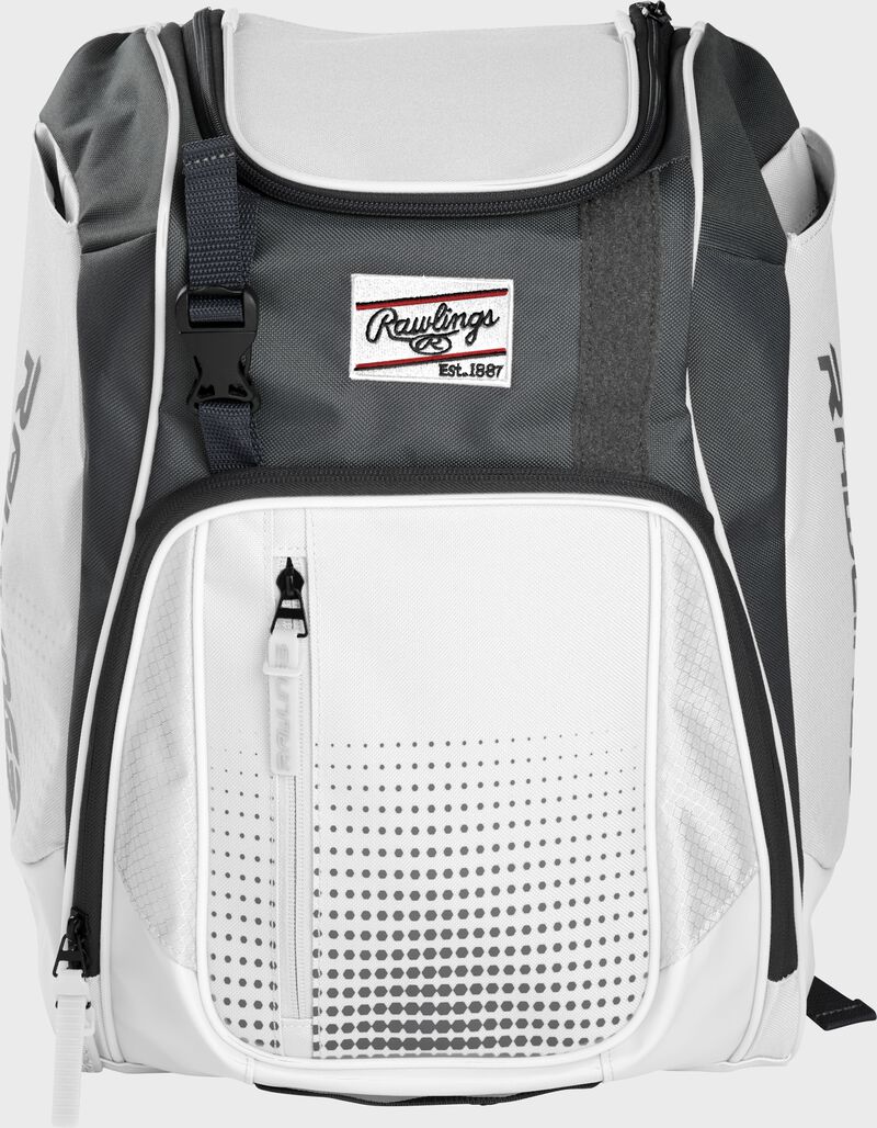 Front of a white Franchise baseball backpack with gray accents and a white Rawlings patch - SKU: FRANBP-W