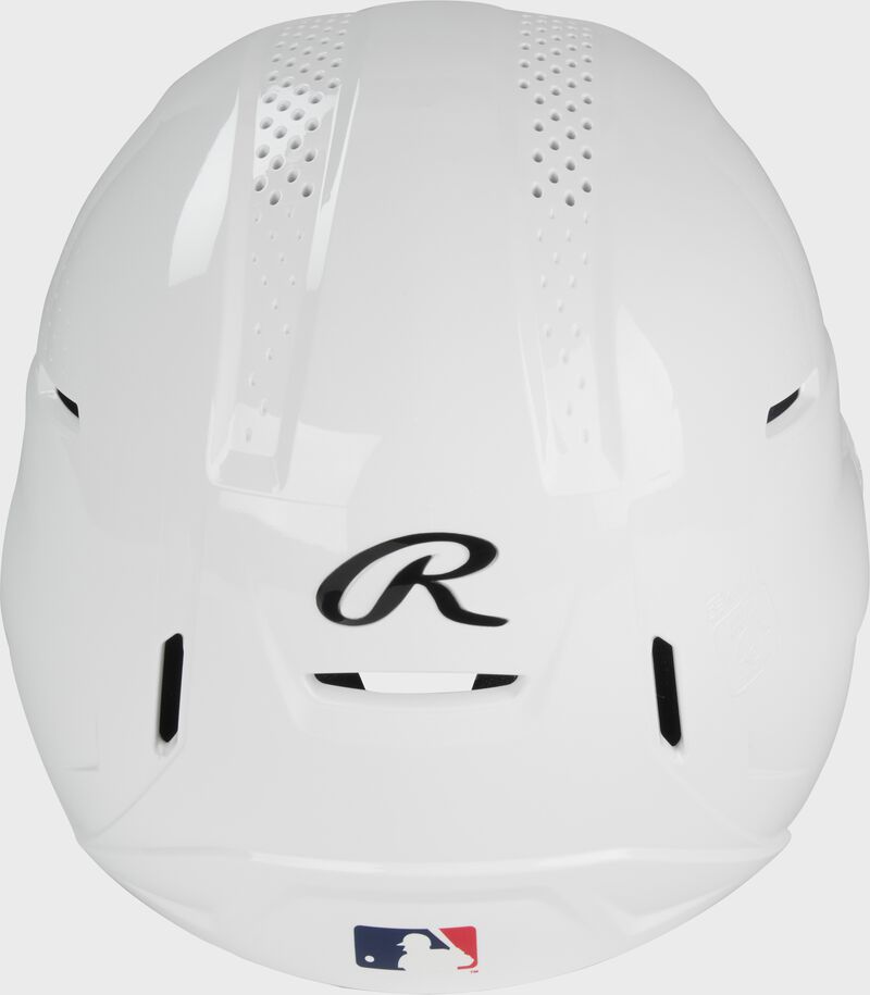 Back of a white Rawlings RX2 gloss baseball batting helmet
