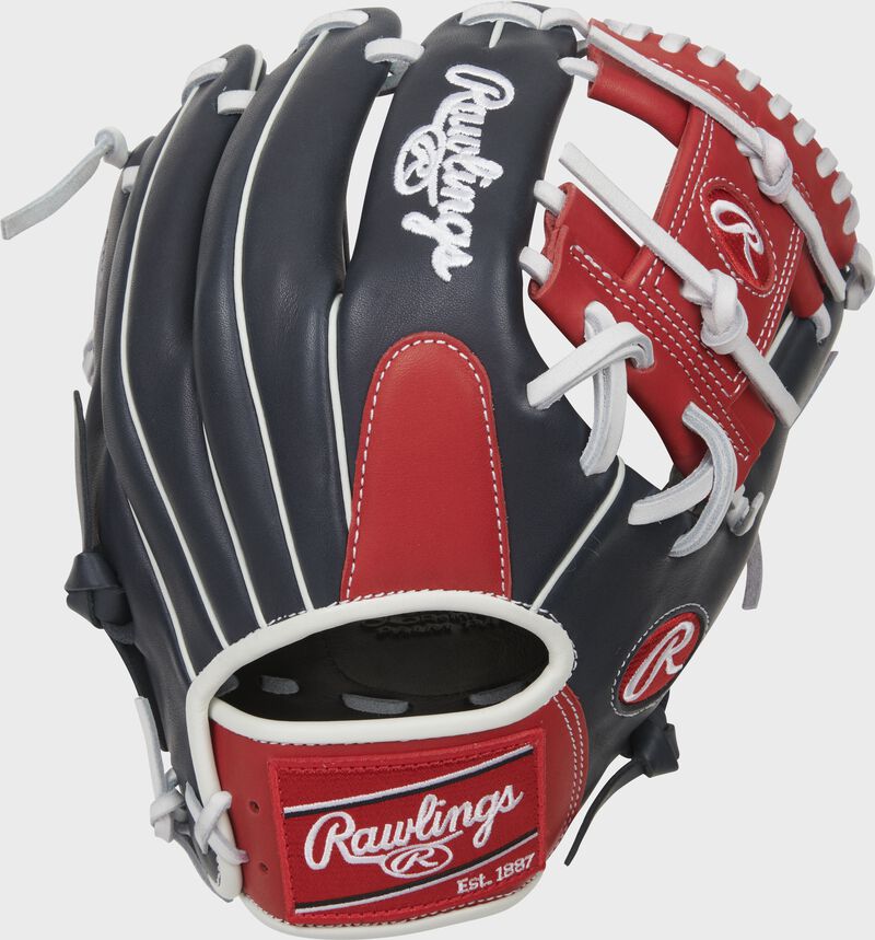 Shell back view of black, red, and white 2022 Breakout 11.5-inch infield glove loading=