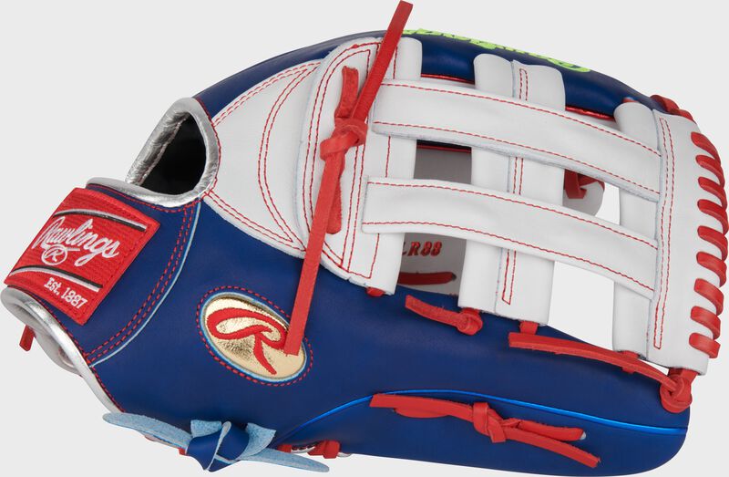 Thumb of a royal/white Gameday 57 Series Luis Robert Heart of the Hide glove with a white H-web loading=