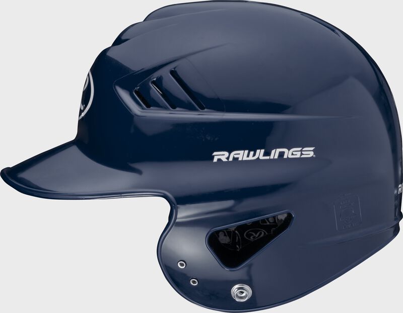 Left side of a navy RCFTB Coolflo T-ball helmet with a Rawlings logo above the ear hole loading=