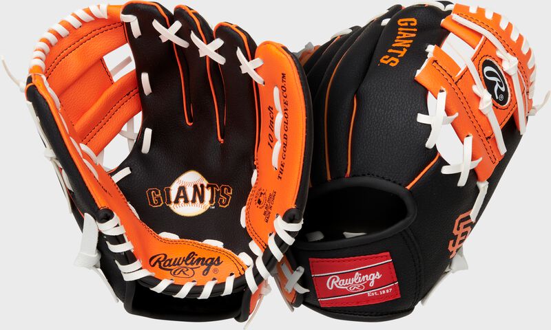 Two images showing the palm & back of a black/orange San Francisco team logo youth glove